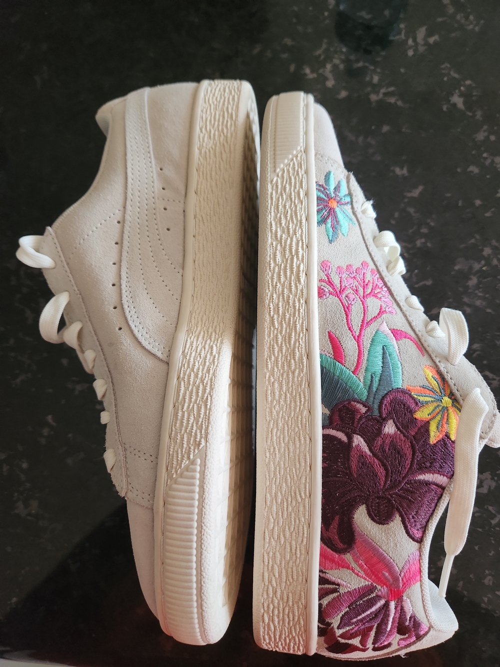 Puma White Suede Sneakers with Pink, Teal & Purple Floral Embroidery
